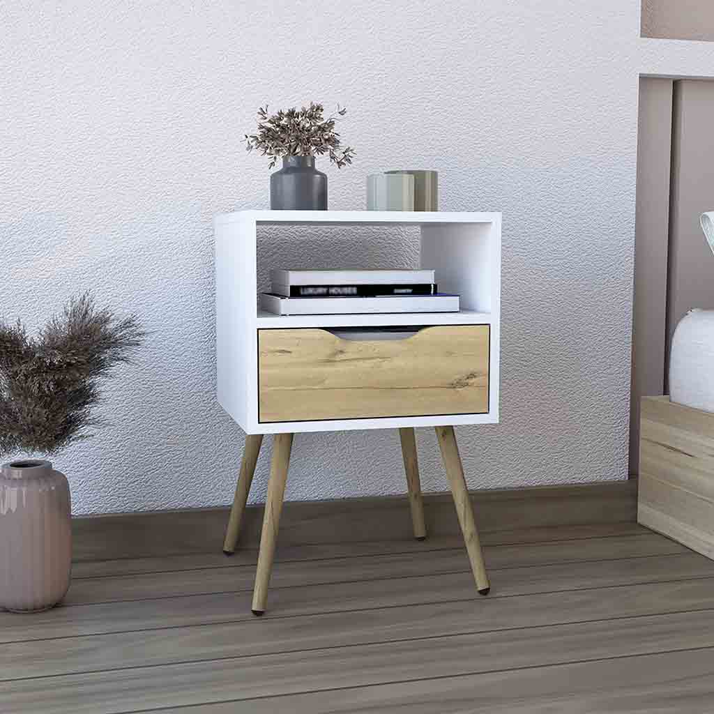 Emma Nightstand, Superior Top, Four Legs, One Open Shelf, One Drawer, White / Light Oak - Luciddepo