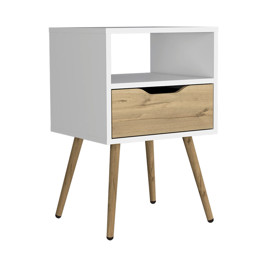 Emma Nightstand, Superior Top, Four Legs, One Open Shelf, One Drawer, White / Light Oak - Luciddepo