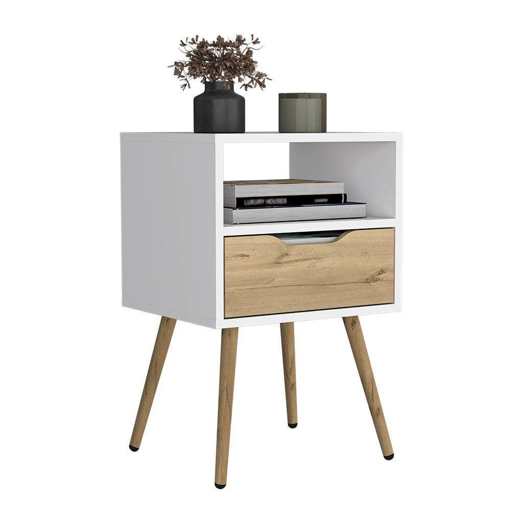 Emma Nightstand, Superior Top, Four Legs, One Open Shelf, One Drawer, White / Light Oak - Luciddepo