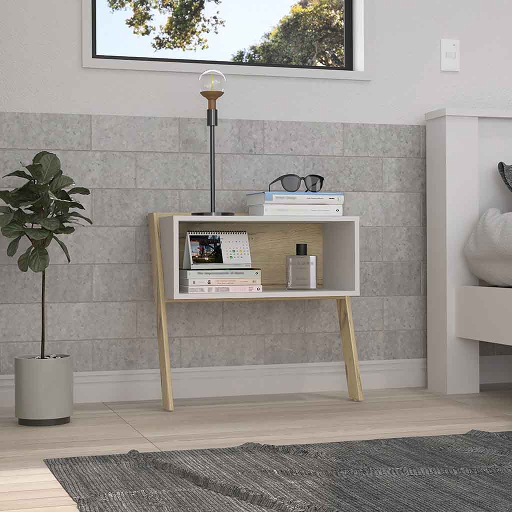 Leticia Nightstand, Two Legs, One Shelf, Superior Top, Light Oak / White - Luciddepo