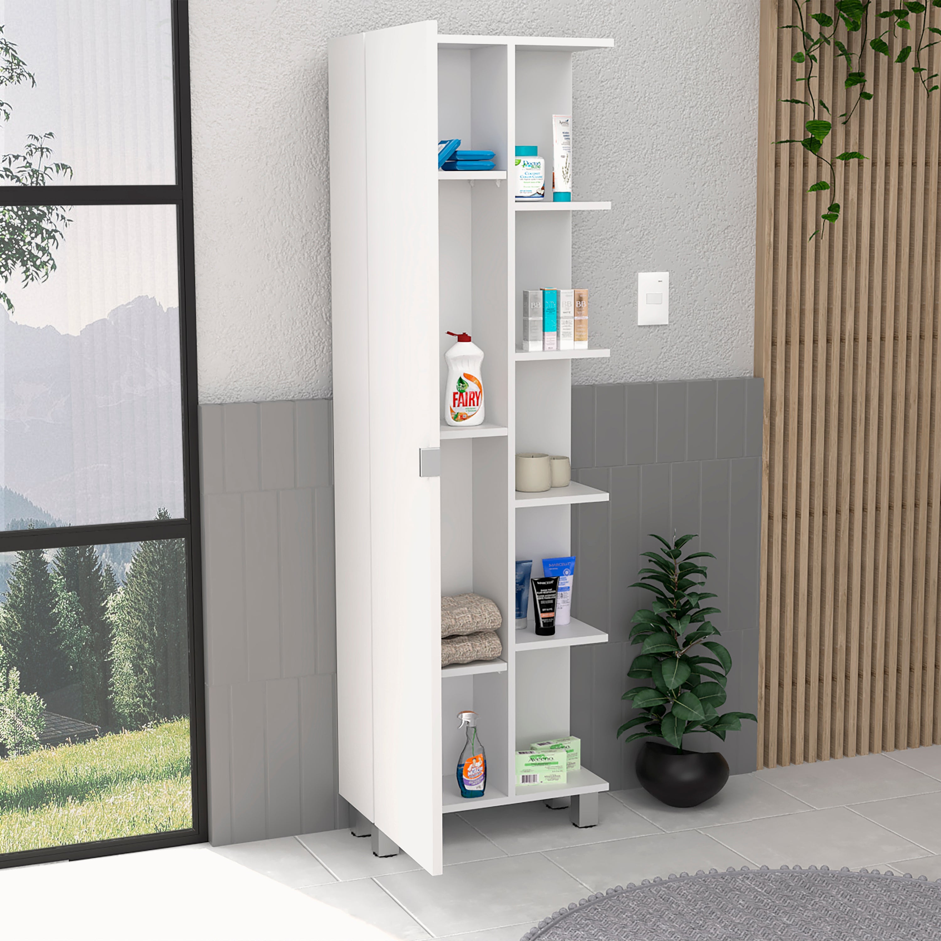 Venus Linen Single Door Cabinet, Five External Shelves, Four Interior Shelves, White - Luciddepo