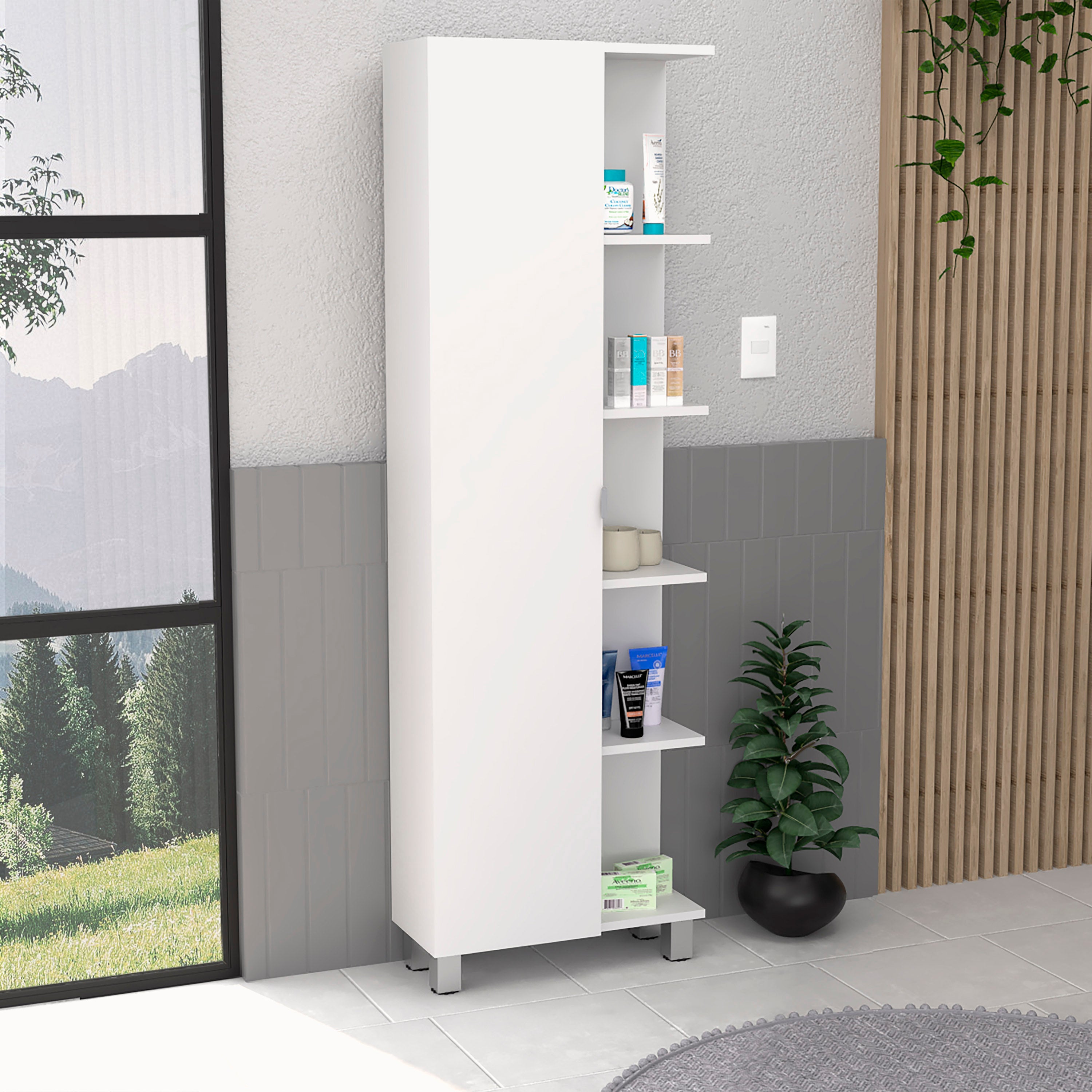 Venus Linen Single Door Cabinet, Five External Shelves, Four Interior Shelves, White - Luciddepo