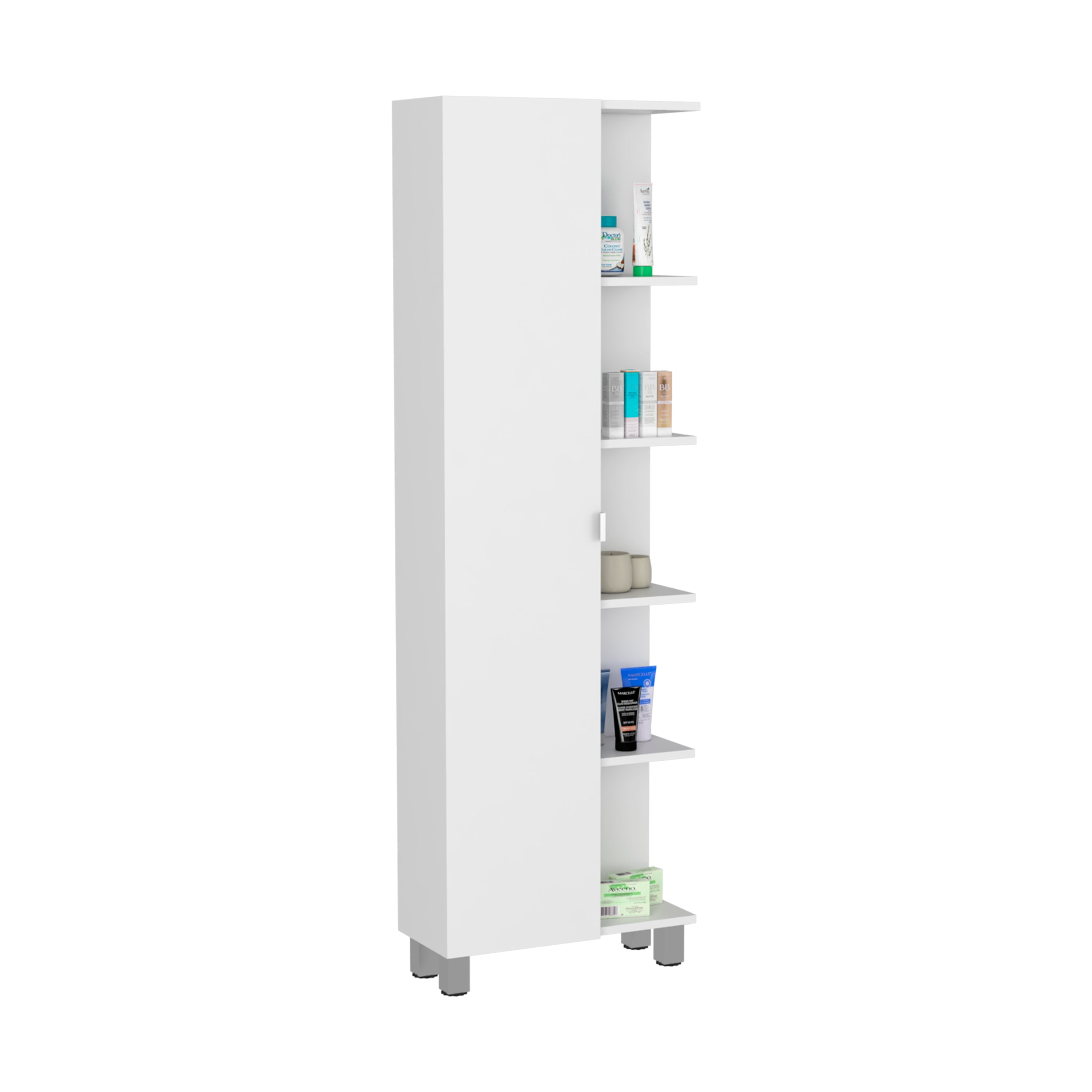 Venus Linen Single Door Cabinet, Five External Shelves, Four Interior Shelves, White - Luciddepo