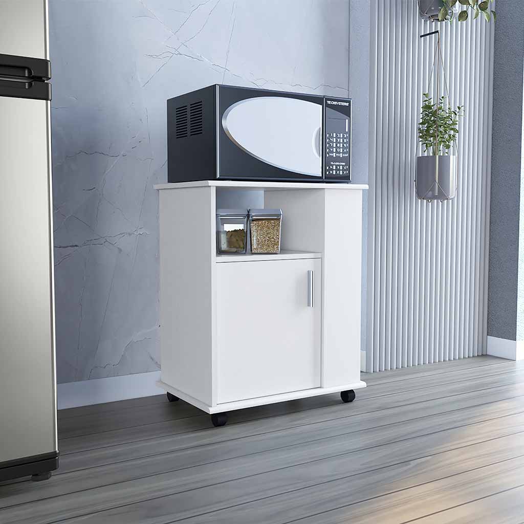 Munich Lower Microwave Pantry Single Door Cabinet, Three Lateral Shelves, Two Interior Shelves, White - Luciddepo