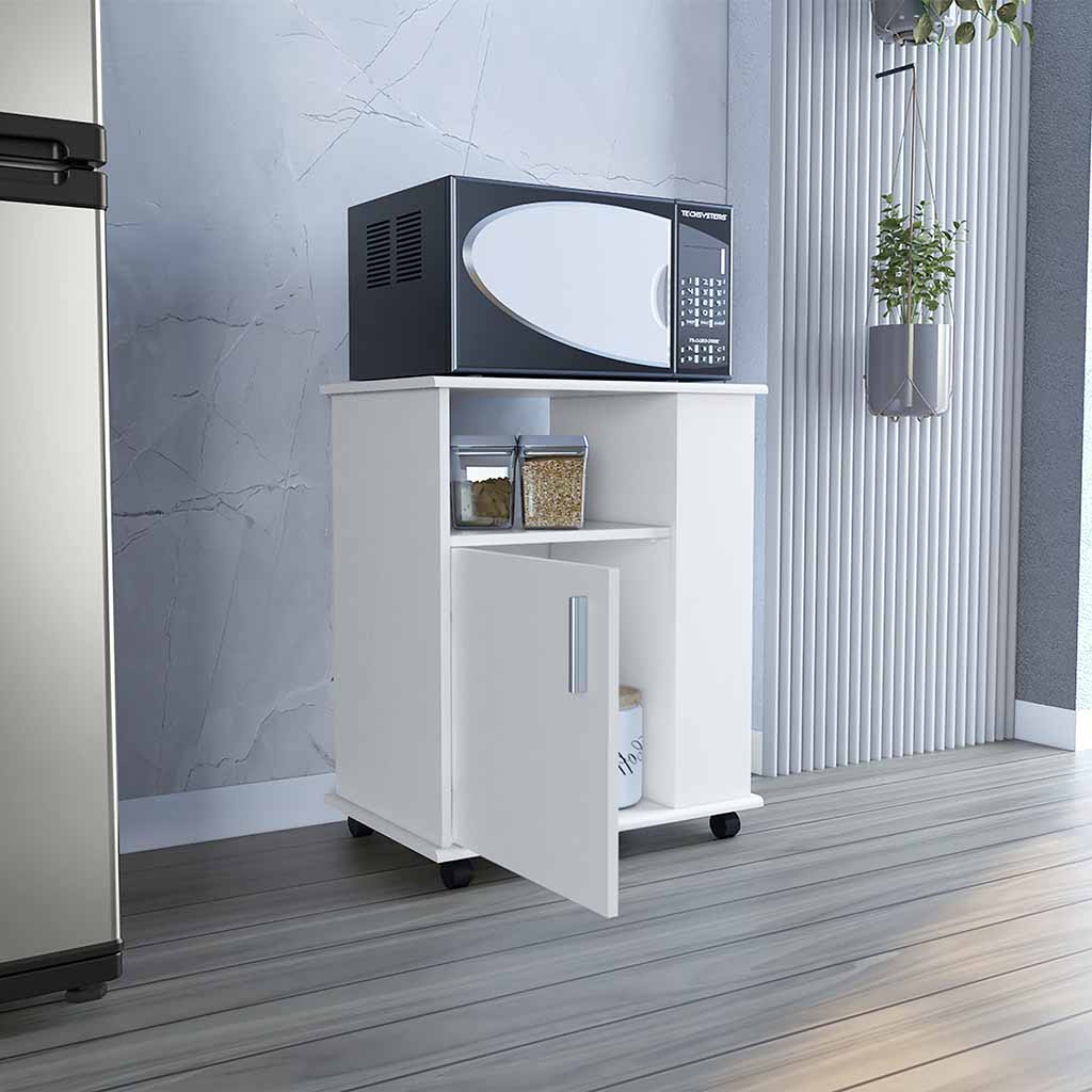 Munich Lower Microwave Pantry Single Door Cabinet, Three Lateral Shelves, Two Interior Shelves, White - Luciddepo