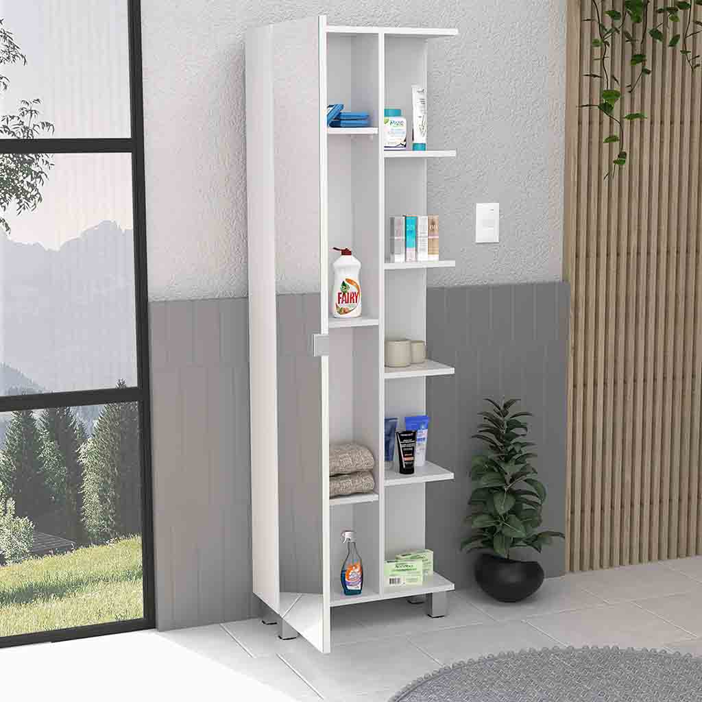 Venus Mirror Linen Single Door Cabinet, Five External Shelves, Four Interior Shelves, White - Luciddepo