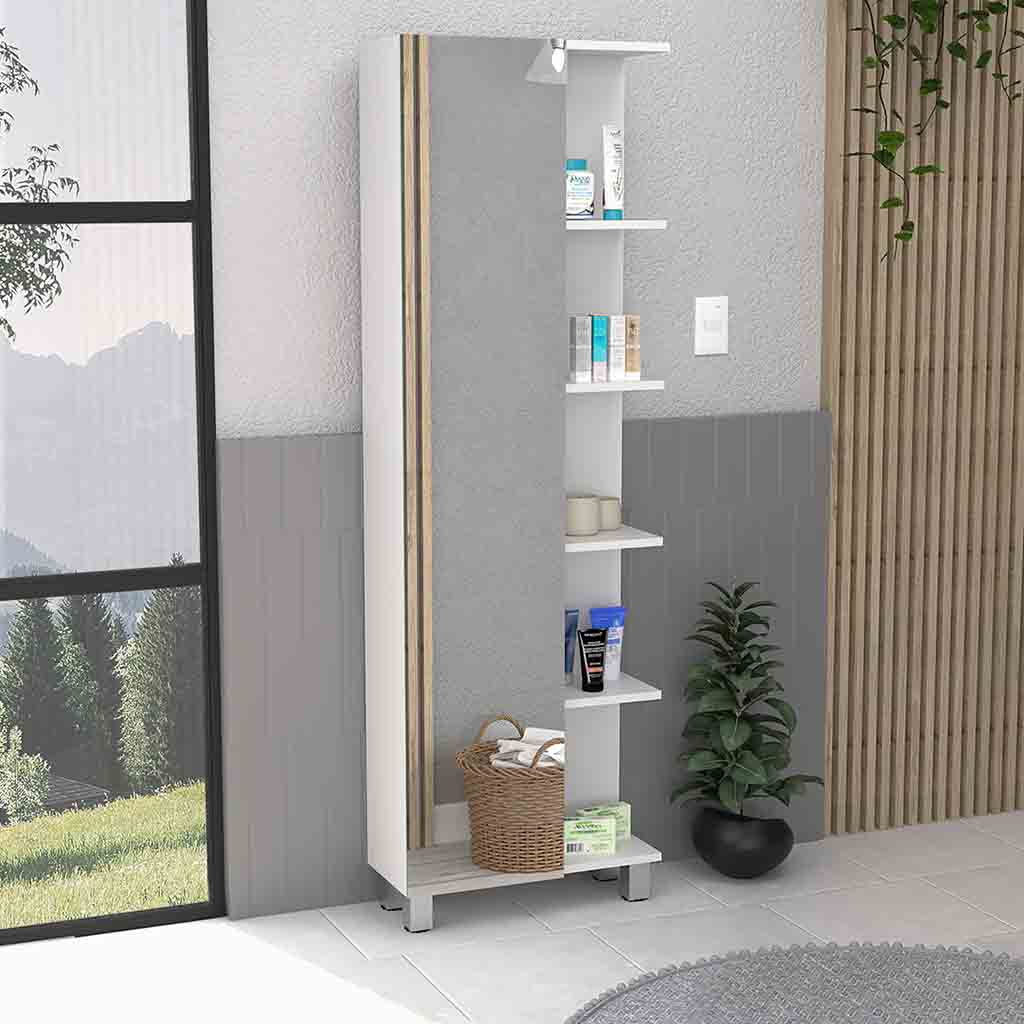 Venus Mirror Linen Single Door Cabinet, Five External Shelves, Four Interior Shelves, White - Luciddepo