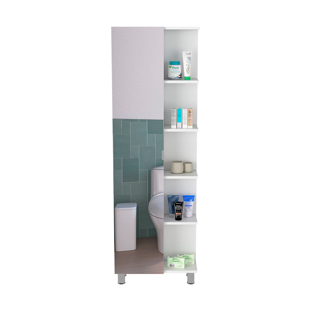Venus Mirror Linen Single Door Cabinet, Five External Shelves, Four Interior Shelves, White - Luciddepo