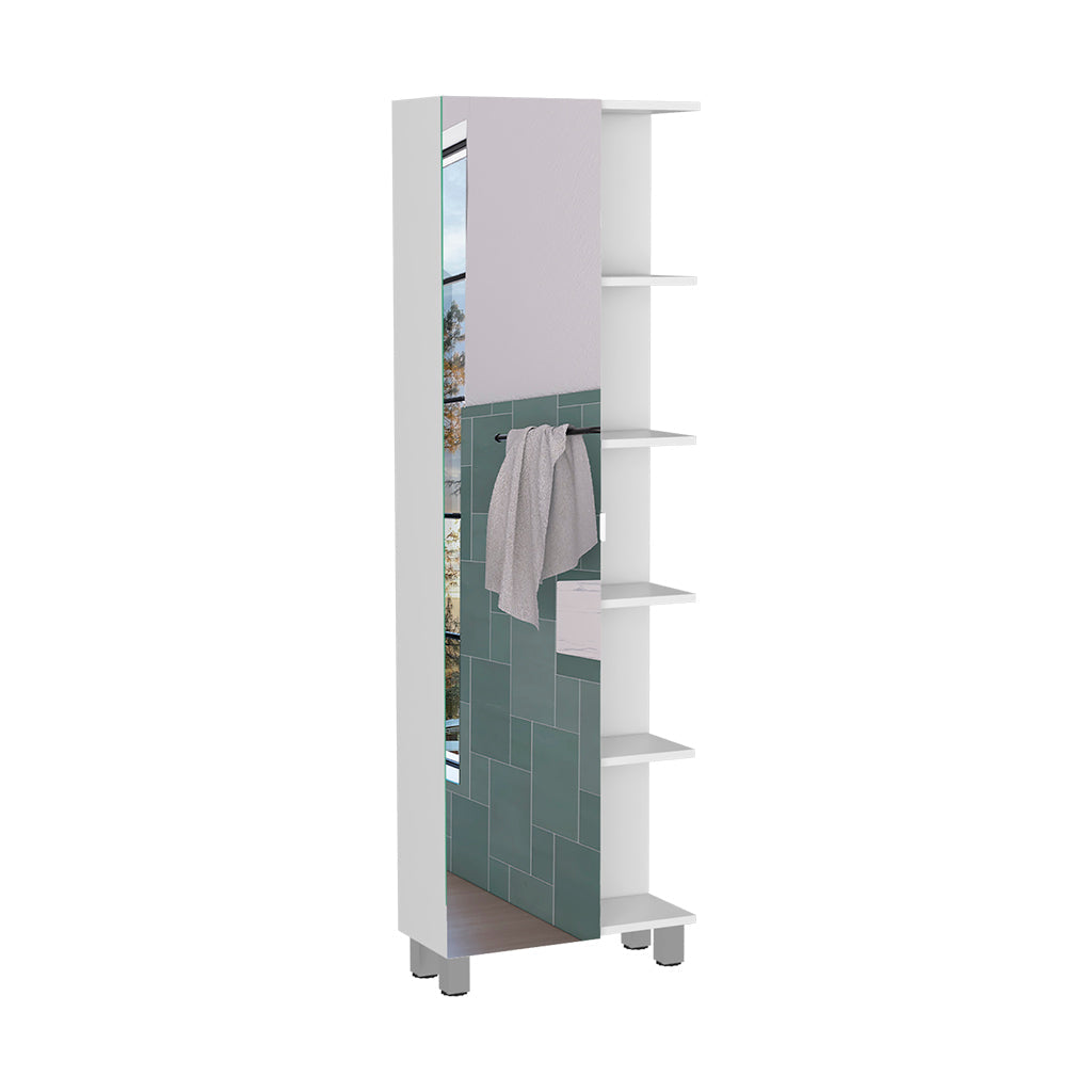 Venus Mirror Linen Single Door Cabinet, Five External Shelves, Four Interior Shelves, White - Luciddepo