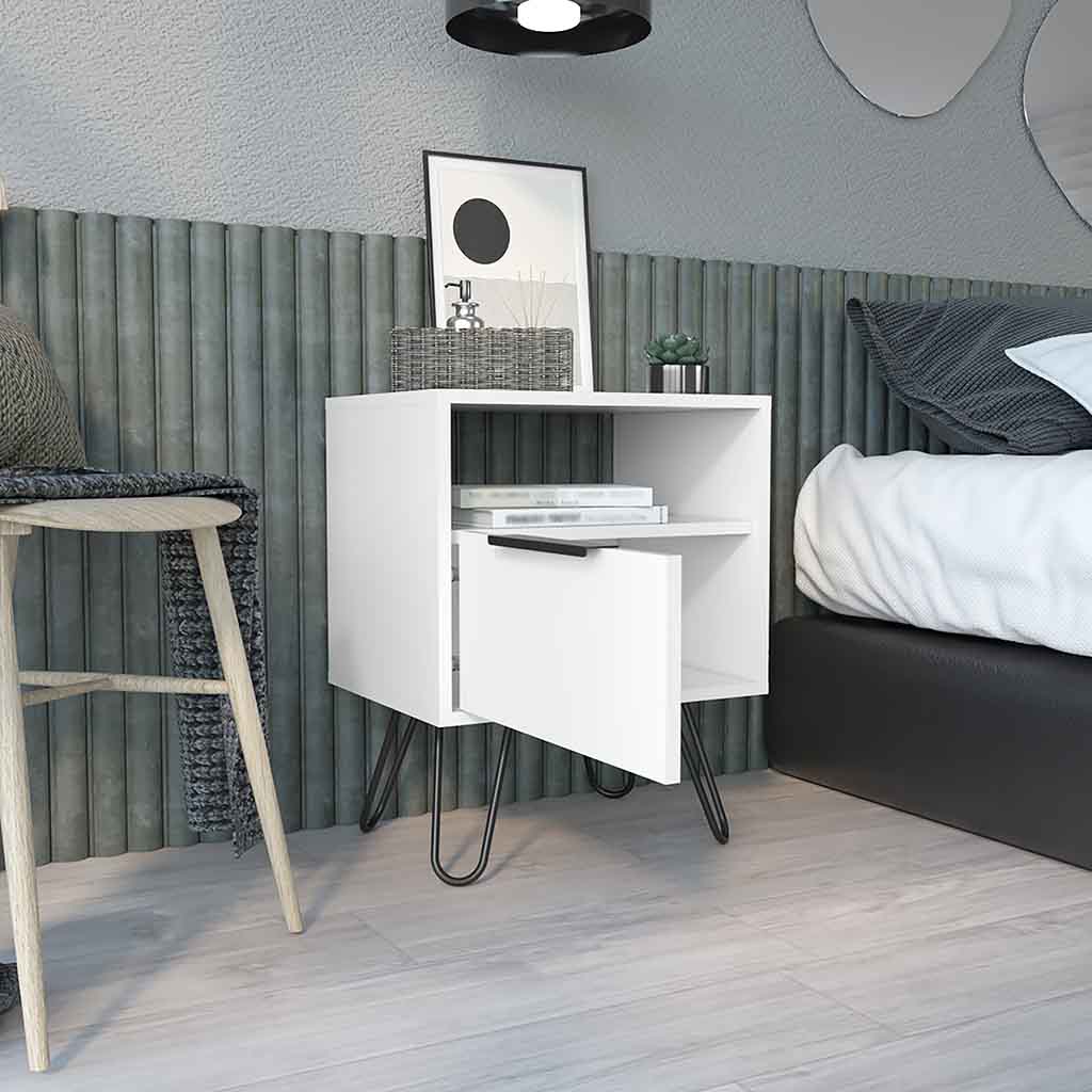 Begonia Nightstand, Shelf, Single Door Cabient, Hairpin Legs, White - Luciddepo