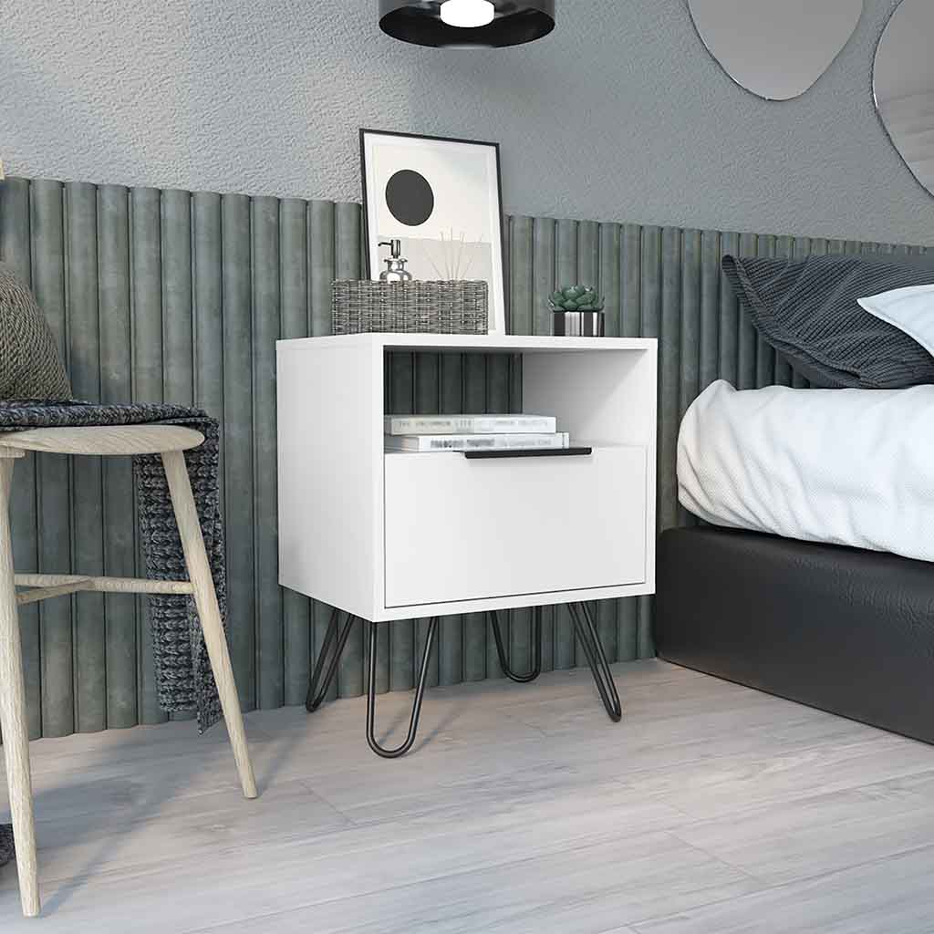Begonia Nightstand, Shelf, Single Door Cabient, Hairpin Legs, White - Luciddepo