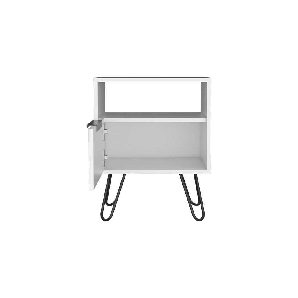 Begonia Nightstand, Shelf, Single Door Cabient, Hairpin Legs, White - Luciddepo