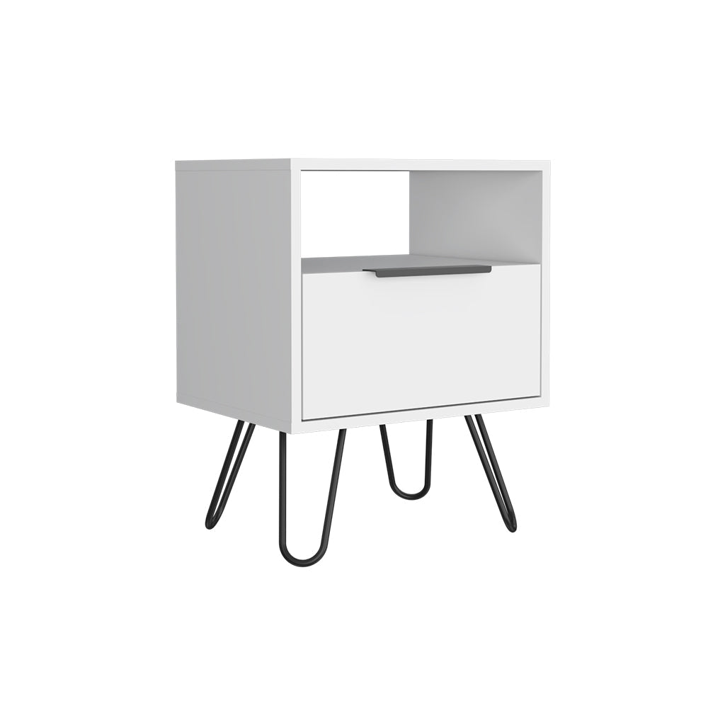 Begonia Nightstand, Shelf, Single Door Cabient, Hairpin Legs, White - Luciddepo