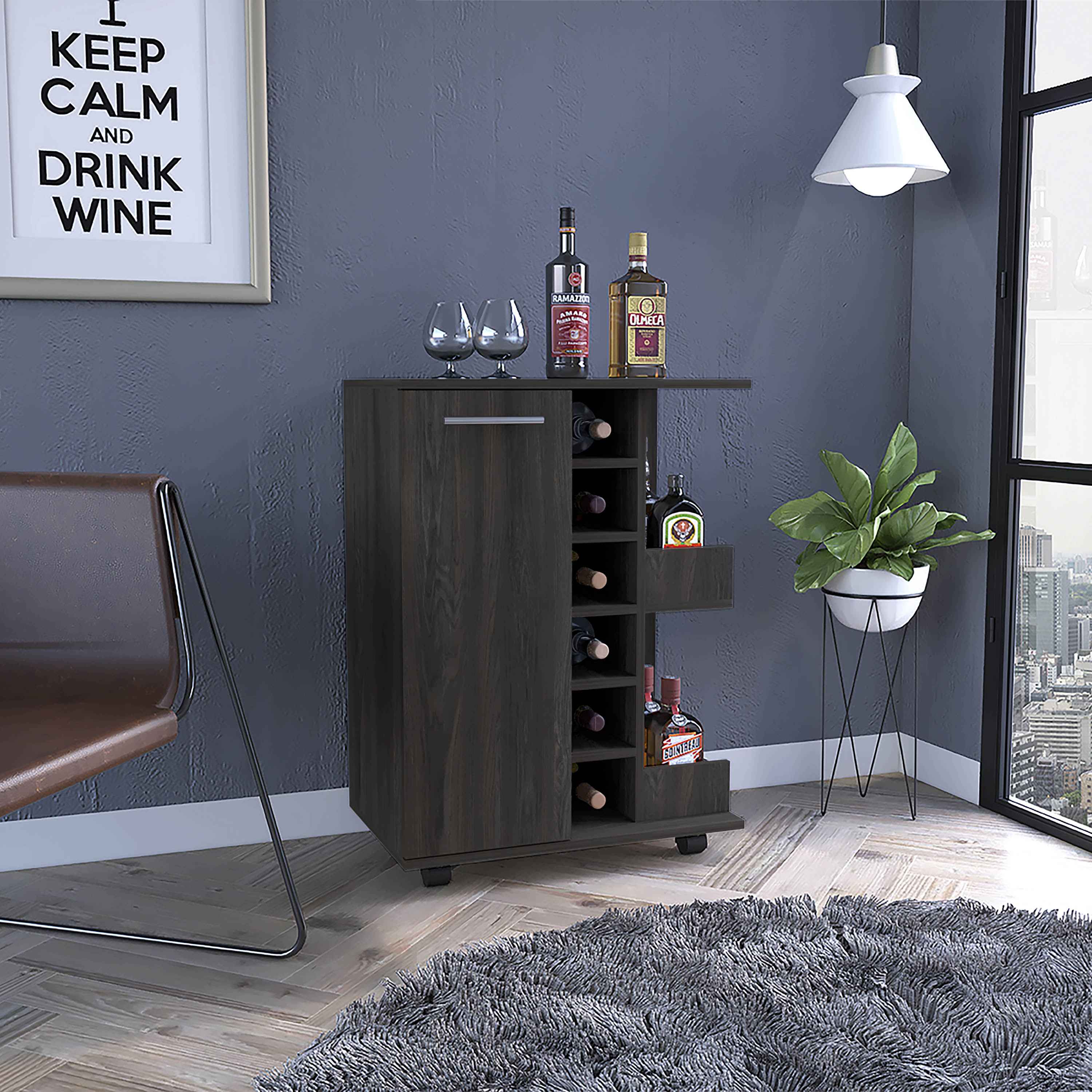 Magda 32" H Tall Bar Cart with Cabinet, 2 Interior Shelves, 2 Open Shelves, and 6 Wine Cubbies, Carbon Espresso