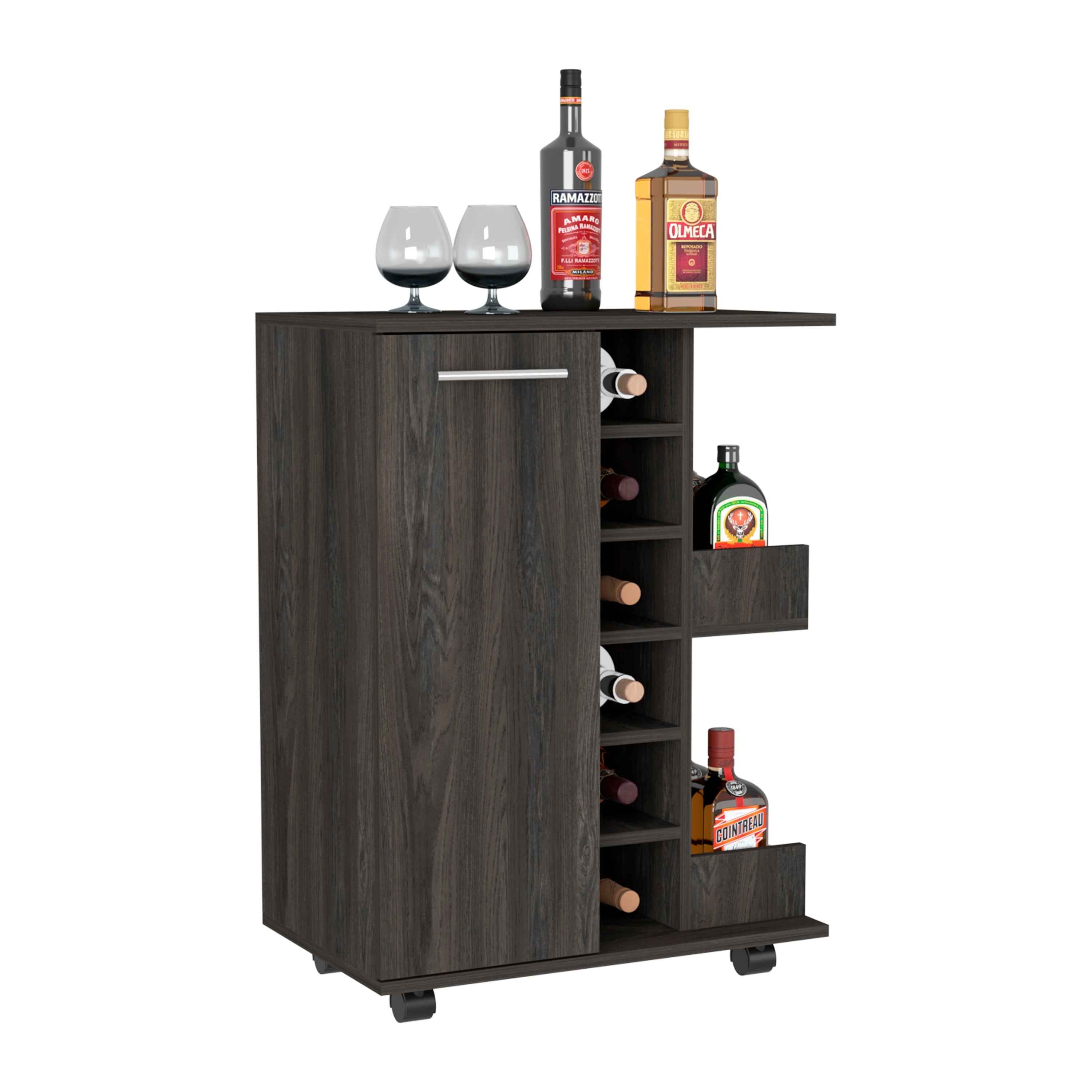 Magda 32" H Tall Bar Cart with Cabinet, 2 Interior Shelves, 2 Open Shelves, and 6 Wine Cubbies, Carbon Espresso