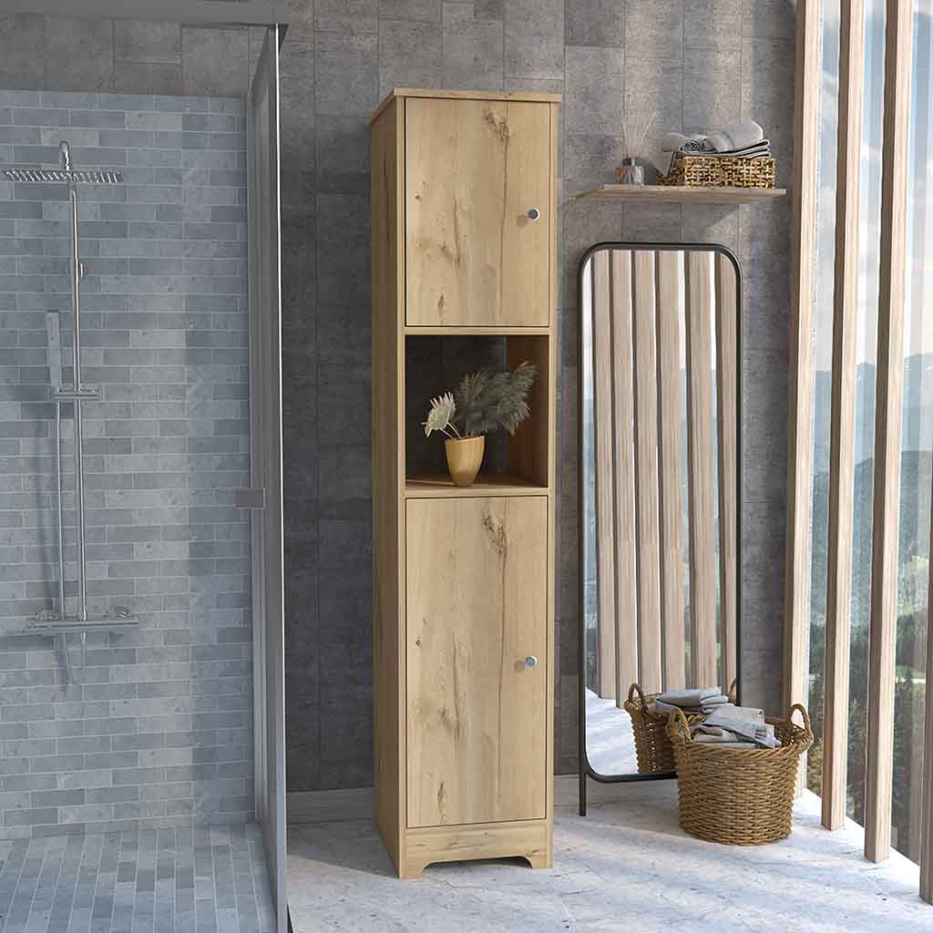 Yaka Linen Double Door Cabinet, Four Interior Shelves, One Open Shelf, Light Oak - Luciddepo
