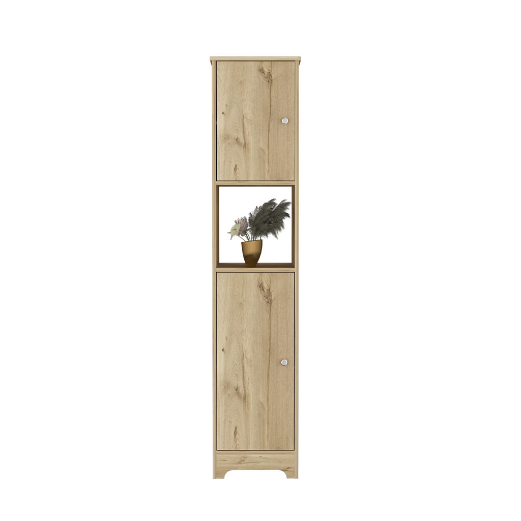 Yaka Linen Double Door Cabinet, Four Interior Shelves, One Open Shelf, Light Oak - Luciddepo