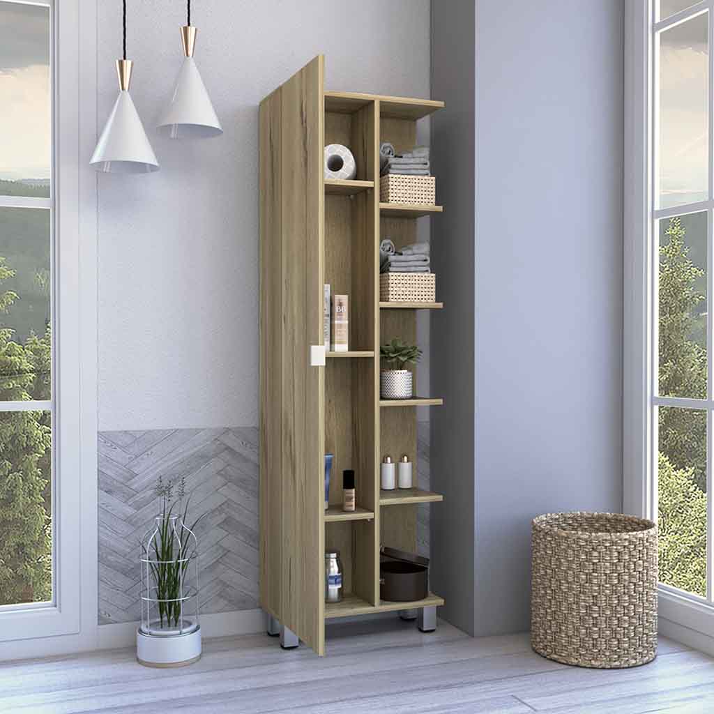 Venus Linen Single Door Cabinet, Five External Shelves, Four Interior Shelves, Light Oak - Luciddepo