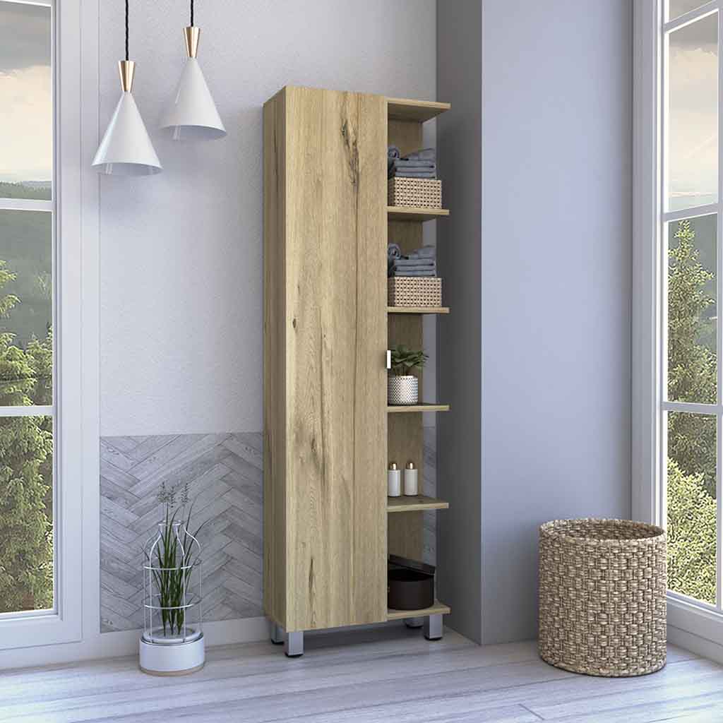 Venus Linen Single Door Cabinet, Five External Shelves, Four Interior Shelves, Light Oak - Luciddepo