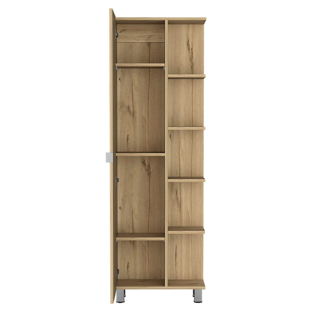 Venus Linen Single Door Cabinet, Five External Shelves, Four Interior Shelves, Light Oak - Luciddepo