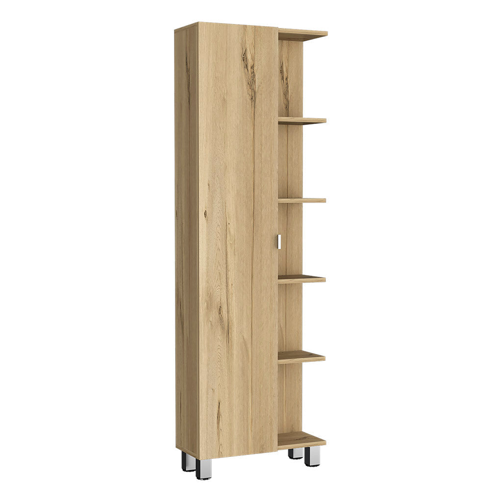 Venus Linen Single Door Cabinet, Five External Shelves, Four Interior Shelves, Light Oak - Luciddepo