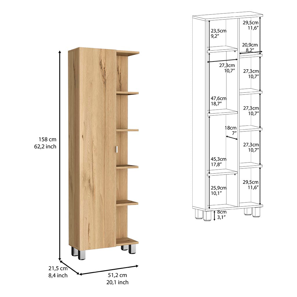 Venus Linen Single Door Cabinet, Five External Shelves, Four Interior Shelves, Light Oak - Luciddepo