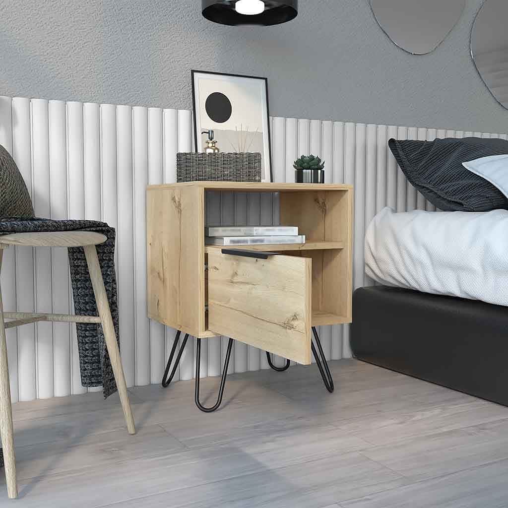 Begonia Nightstand, Shelf, Single Door Cabient, Hairpin Legs, Light Oak