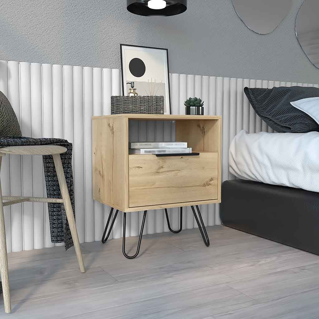 Begonia Nightstand, Shelf, Single Door Cabient, Hairpin Legs, Light Oak