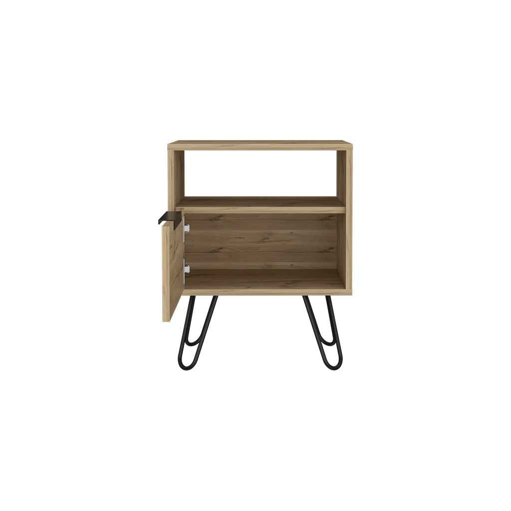 Begonia Nightstand, Shelf, Single Door Cabient, Hairpin Legs, Light Oak