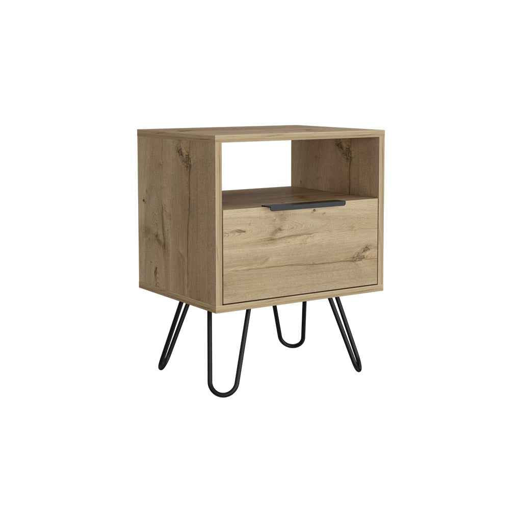 Begonia Nightstand, Shelf, Single Door Cabient, Hairpin Legs, Light Oak