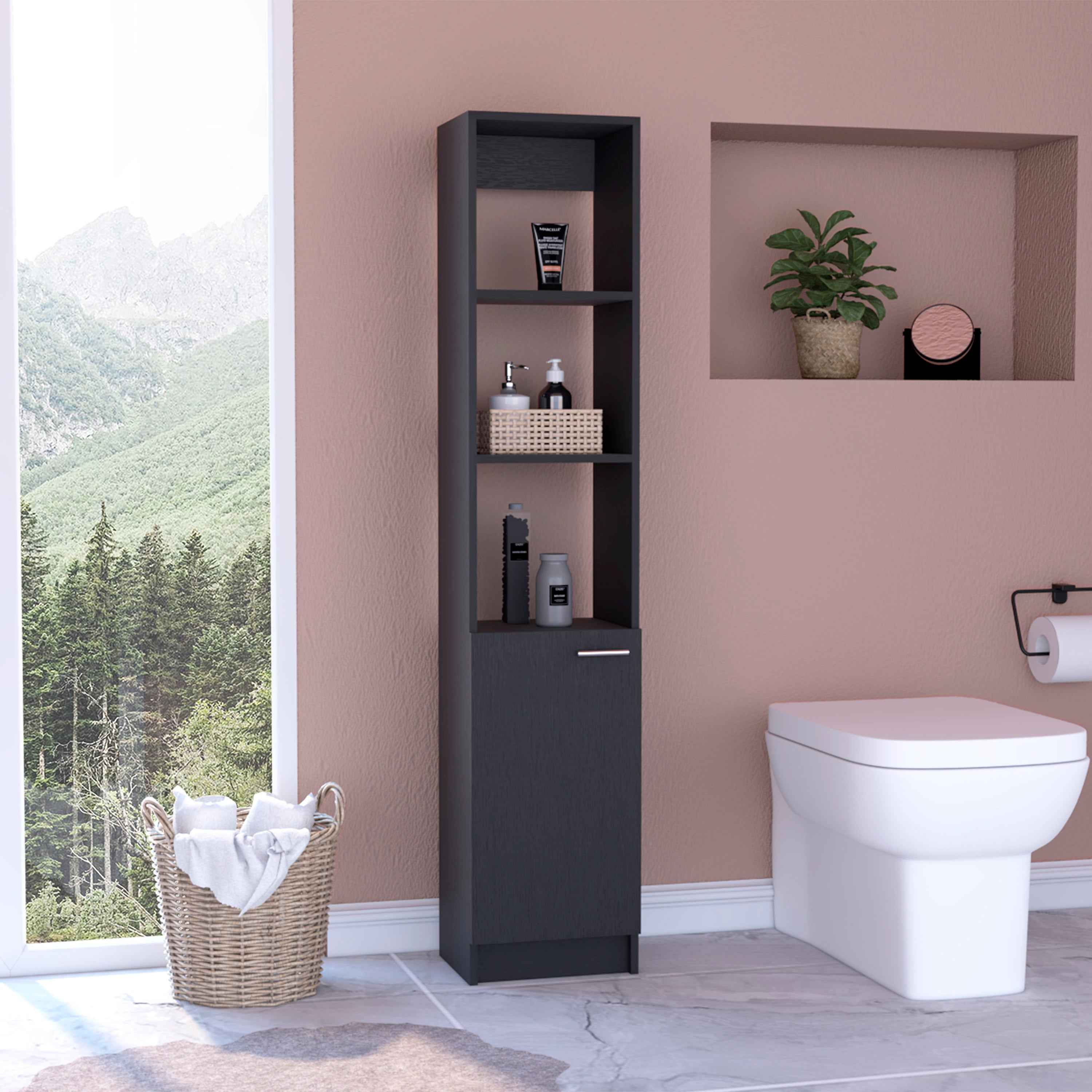 Leben Linen Single Door Cabinet, Three External Shelves, Two Interior Shelves, Black