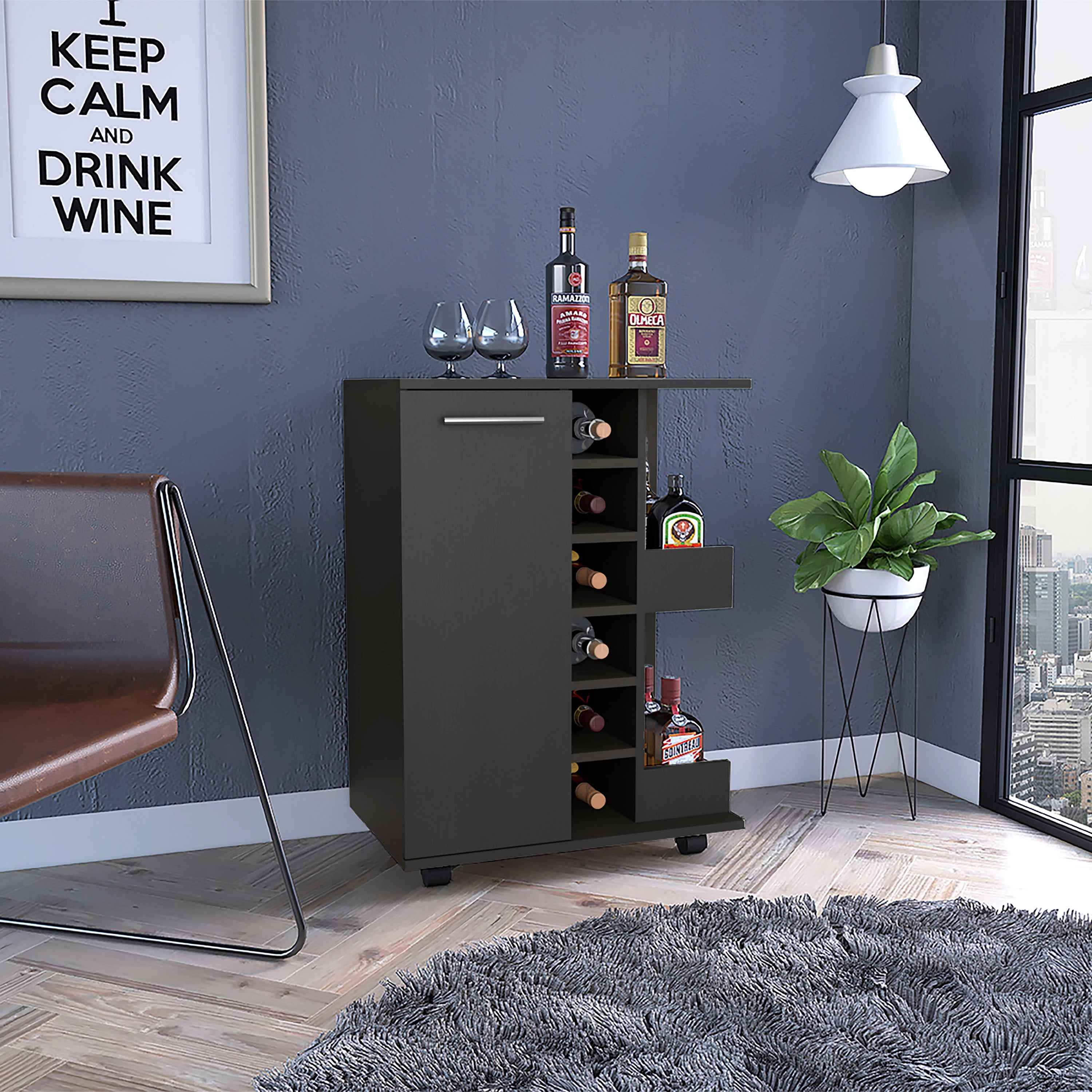 Magda Bar Cart, Four Casters, Six Built-in Wine Rack, Single Door Cabinet, Two External Shelves, Black