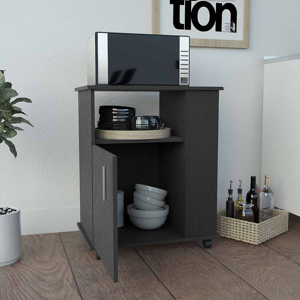 Munich Lower Microwave Pantry Single Door Cabinet, Three Lateral Shelves, Two Interior Shelves, Black - Luciddepo