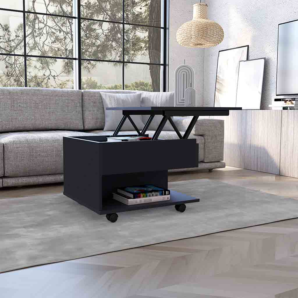 Babel Lift Top Coffee Table, Casters, One Shelf, Black - Luciddepo