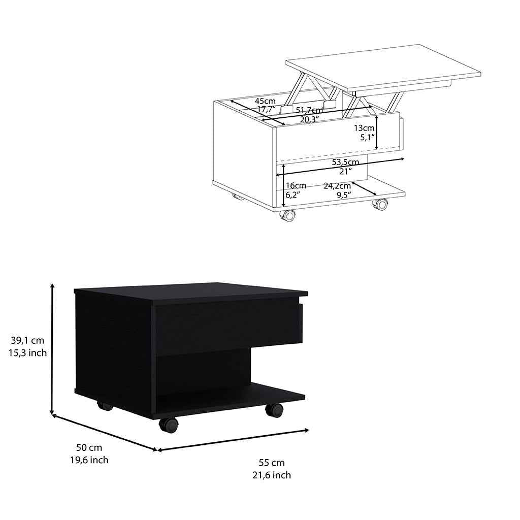 Babel Lift Top Coffee Table, Casters, One Shelf, Black