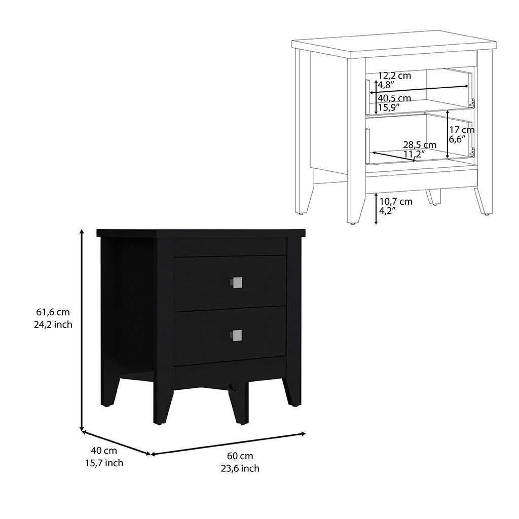 Oasis Nightstand,  Two Drawers, Four Legs, Superior Top, Black - Luciddepo