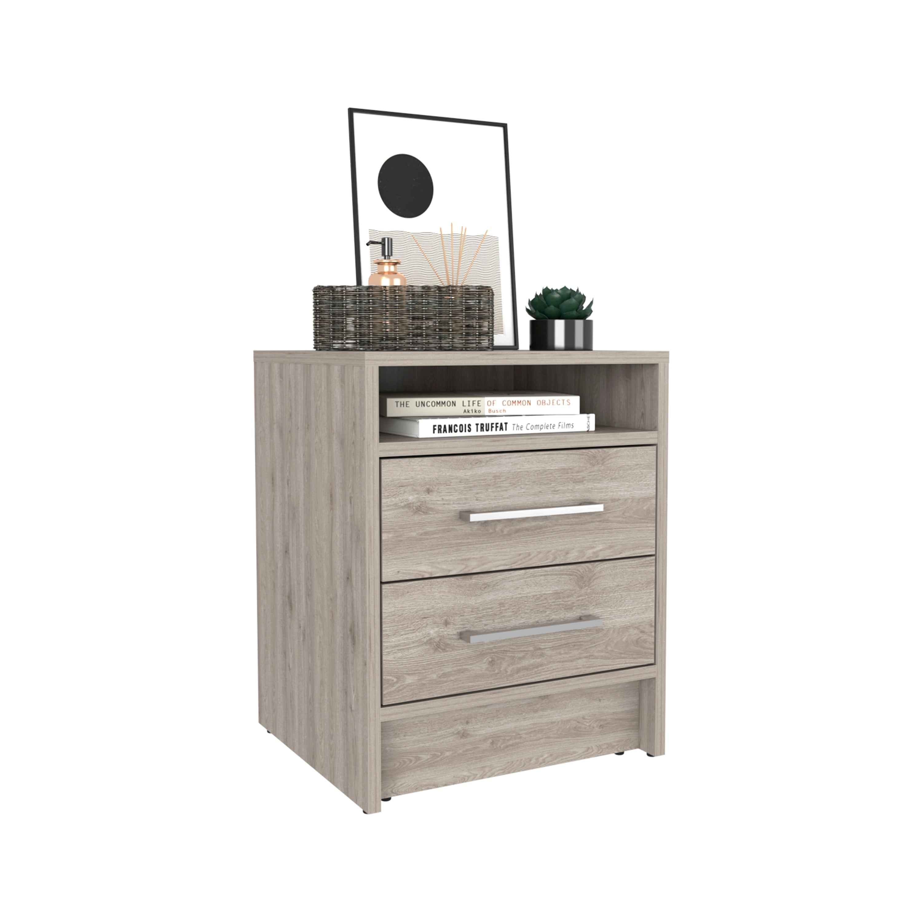 Leyva Nightstand with Two Drawers, Superior Top, Metal Handles, Light Gray