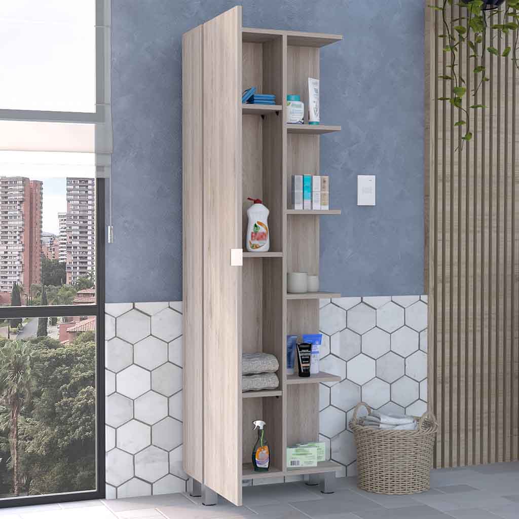Venus Linen Single Door Cabinet, Five External Shelves, Four Interior Shelves, Light Gray - Luciddepo