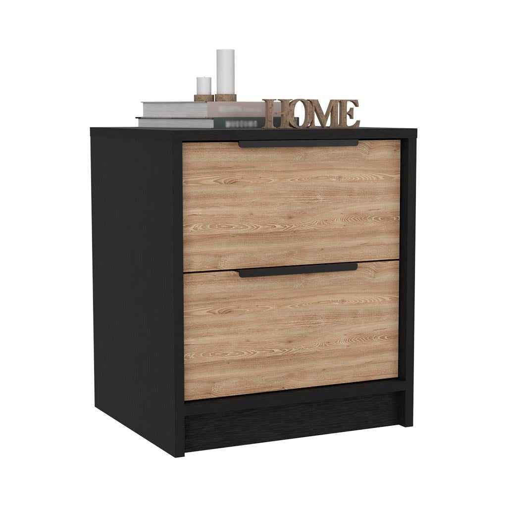 Egeo Nightstand, Two Drawers, Superior Top, Black / Pine