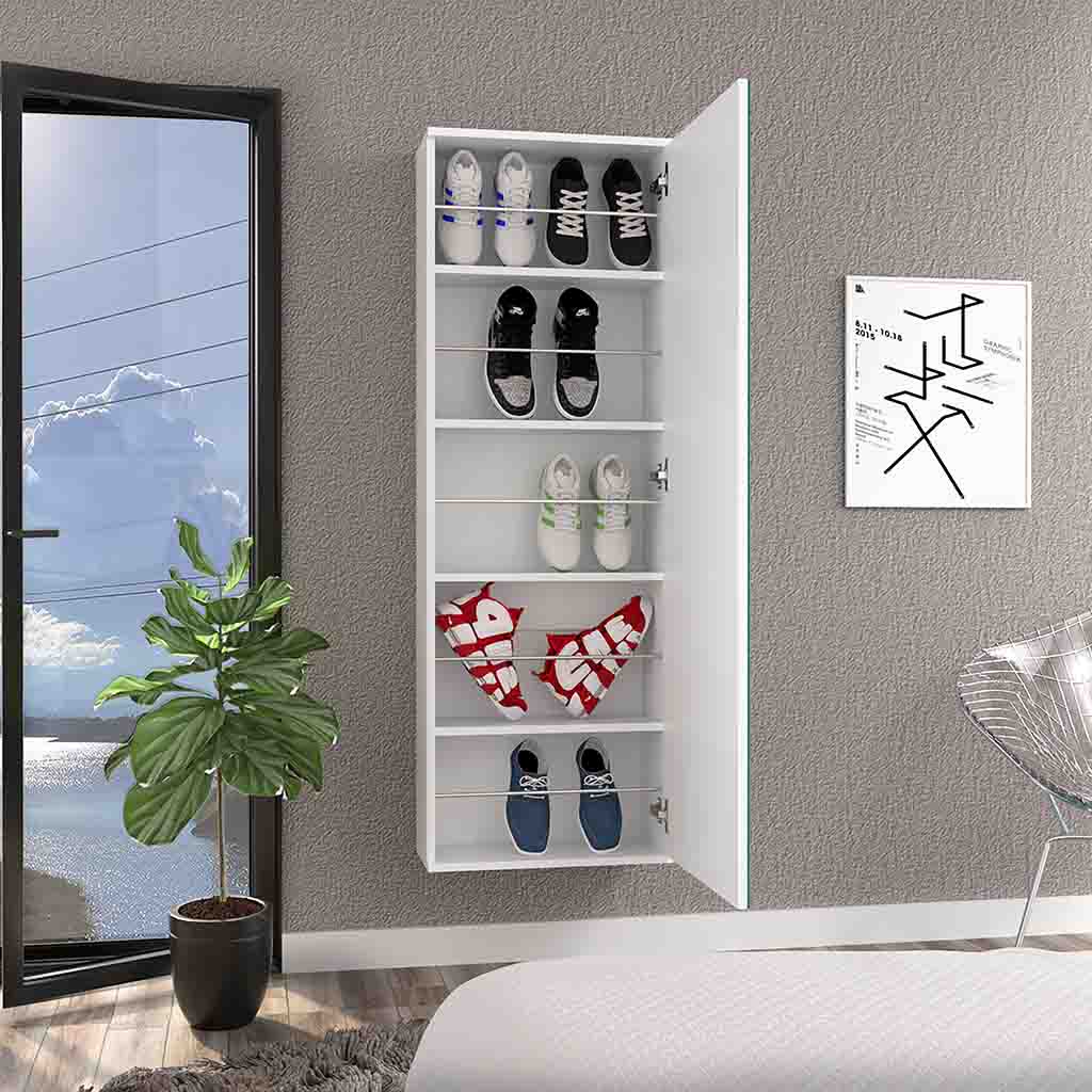 Baltimore Wall Mounted Shoe Rack, Mirror, Single Door, Ten Shoes Capacity,White - Luciddepo