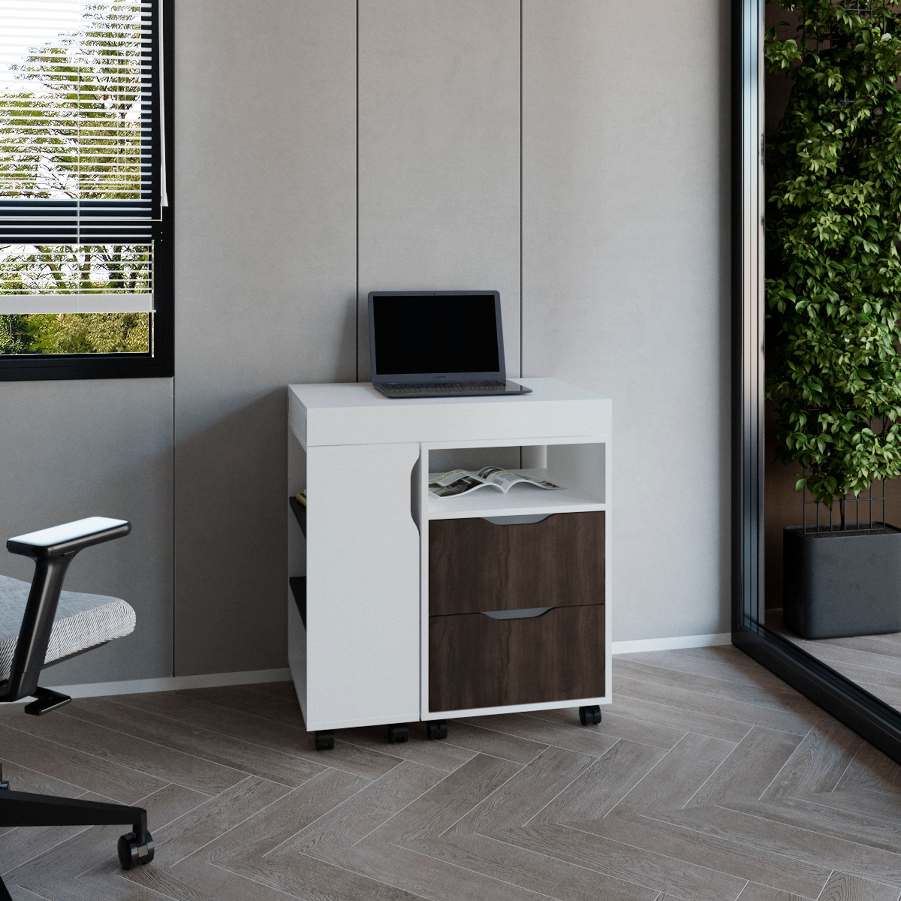 Odessa Extendable Desk, 2 Drawers, 4 Shelves, 4 Wheels, White/Walnut - Luciddepo