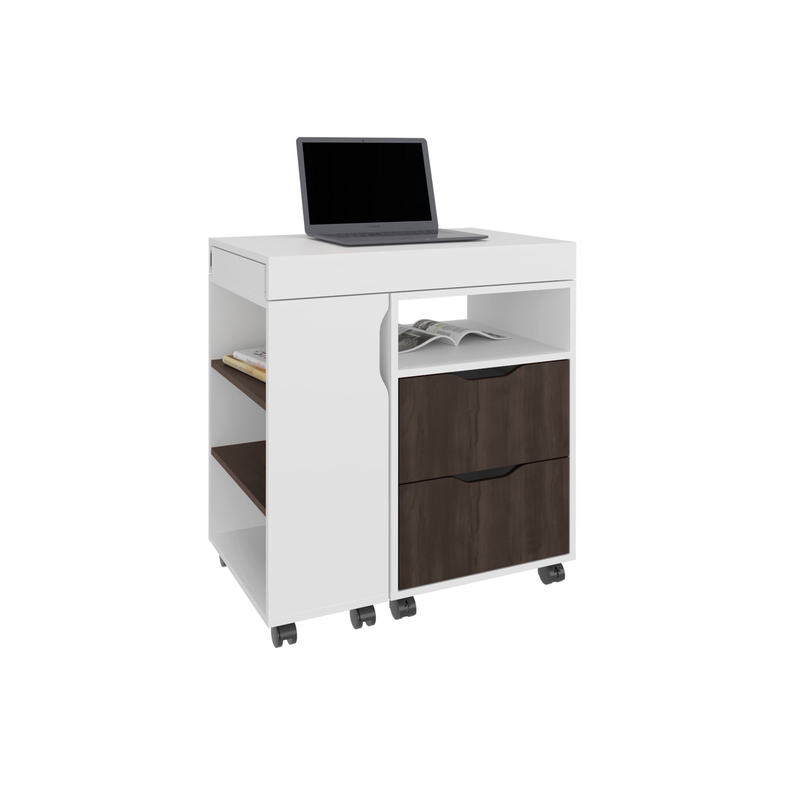 Odessa Extendable Desk, 2 Drawers, 4 Shelves, 4 Wheels, White/Walnut - Luciddepo