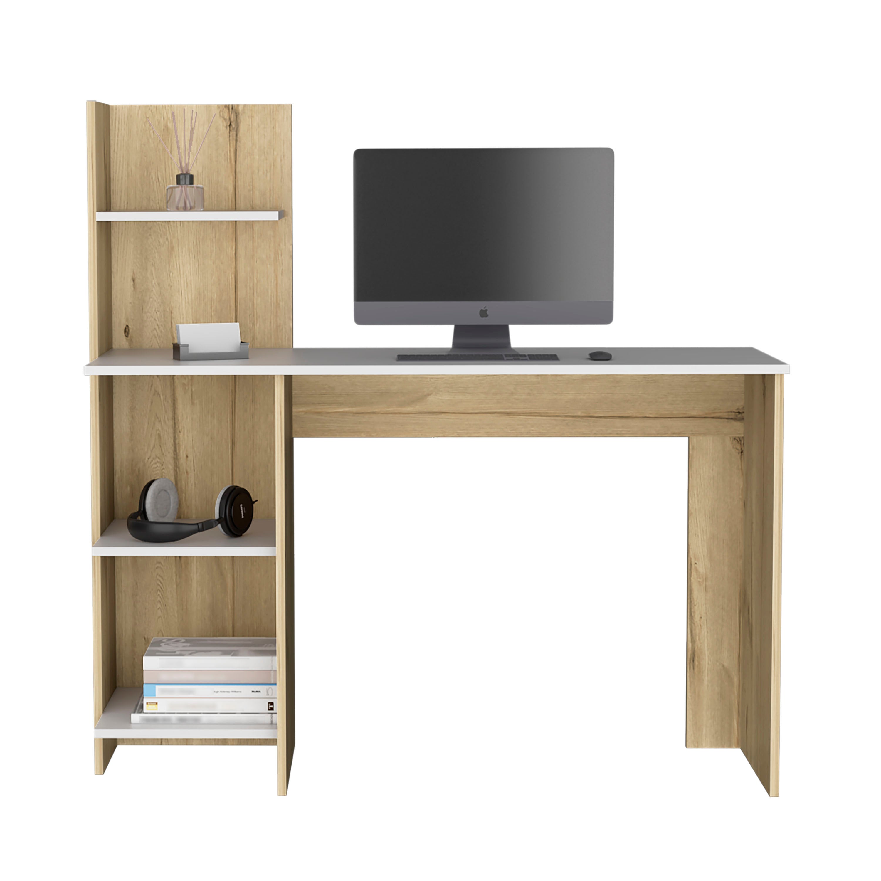 Toronto 120 Writing Desk, Four Shelves, White / Pine - Luciddepo