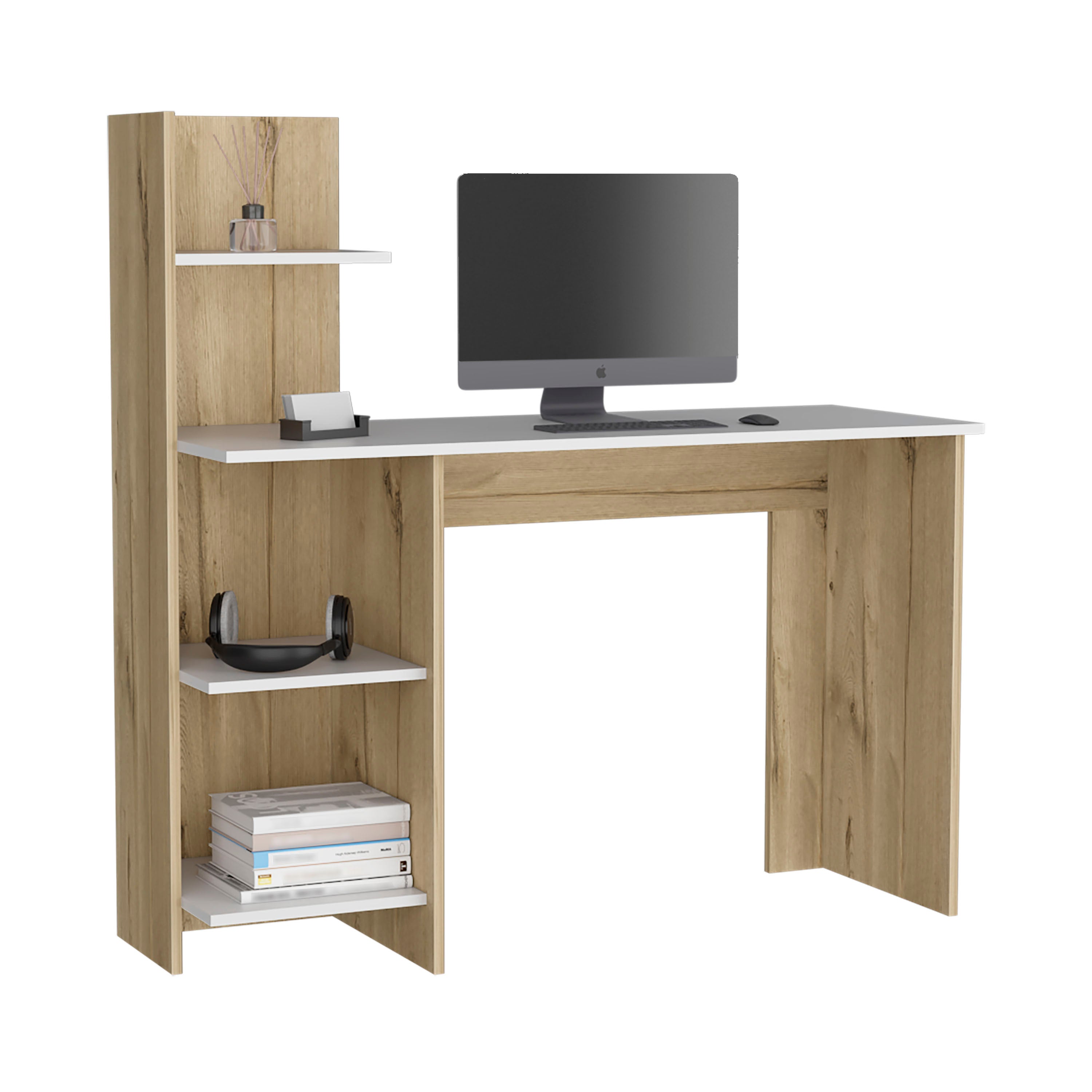Toronto 120 Writing Desk, Four Shelves, White / Pine - Luciddepo