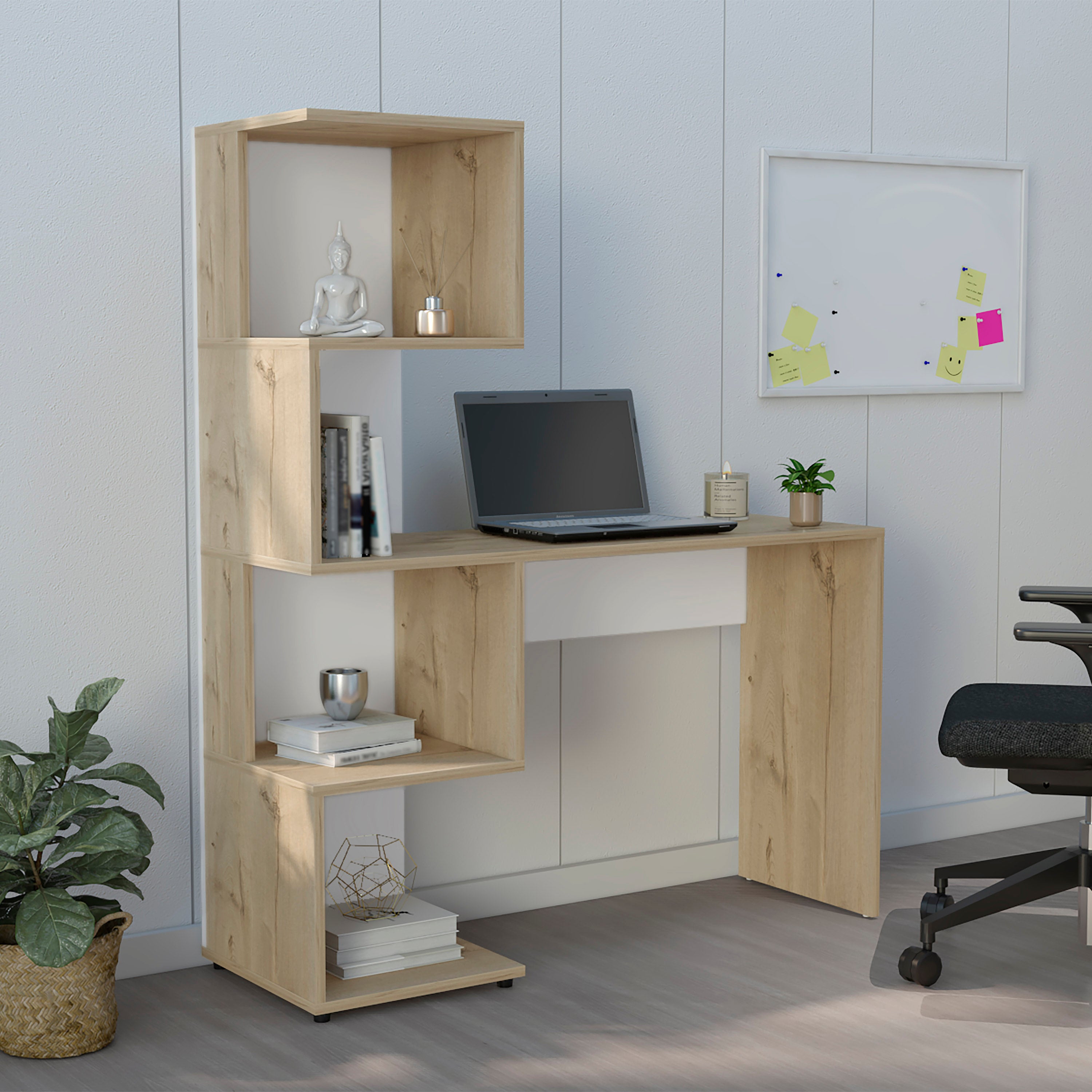 Delhi Desk with Bookcase and 4 Storage Shelves, Light Oak / White - Luciddepo