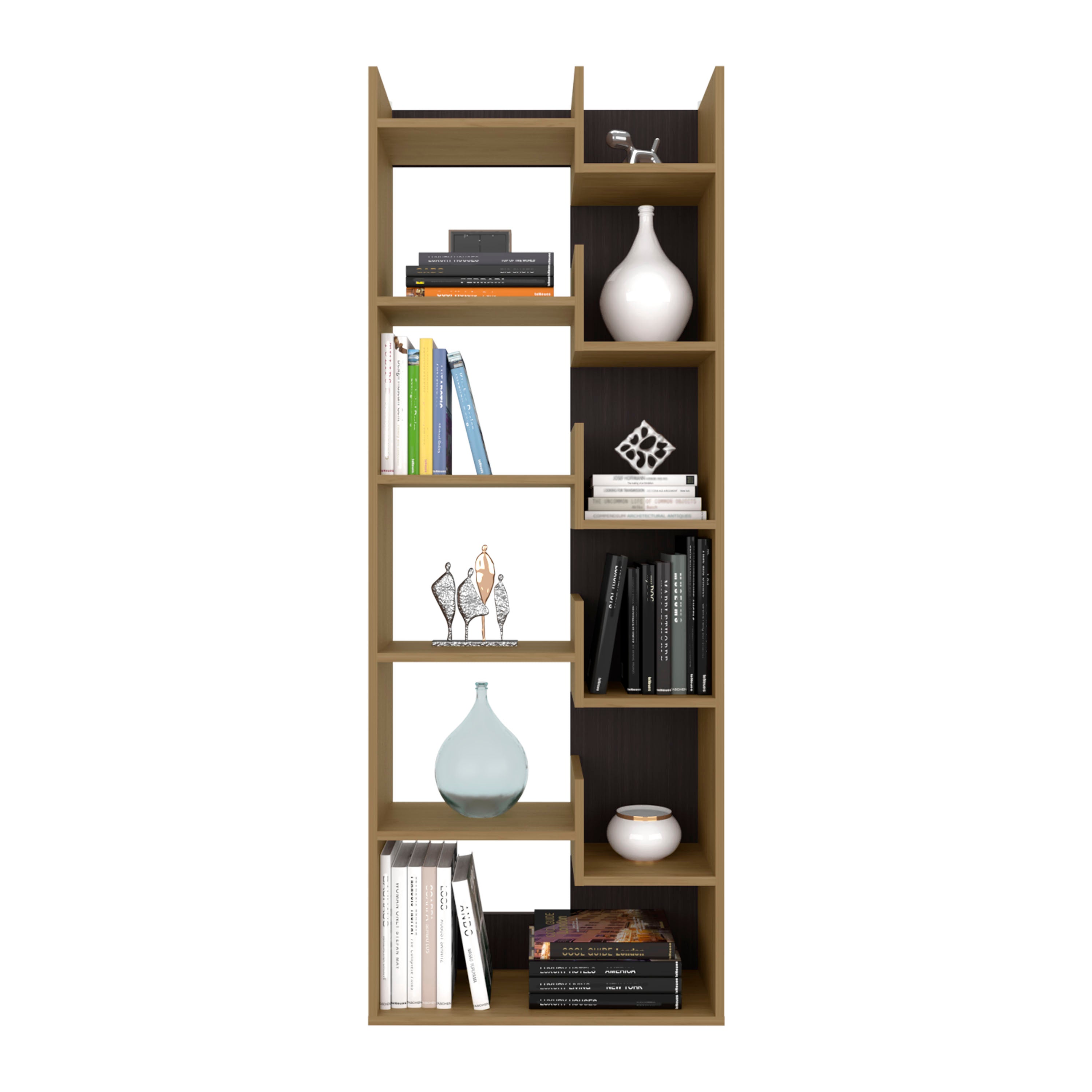 Hoodsport Bookcase, 11 Shelves, Natural Oak / Black Wengue - Luciddepo