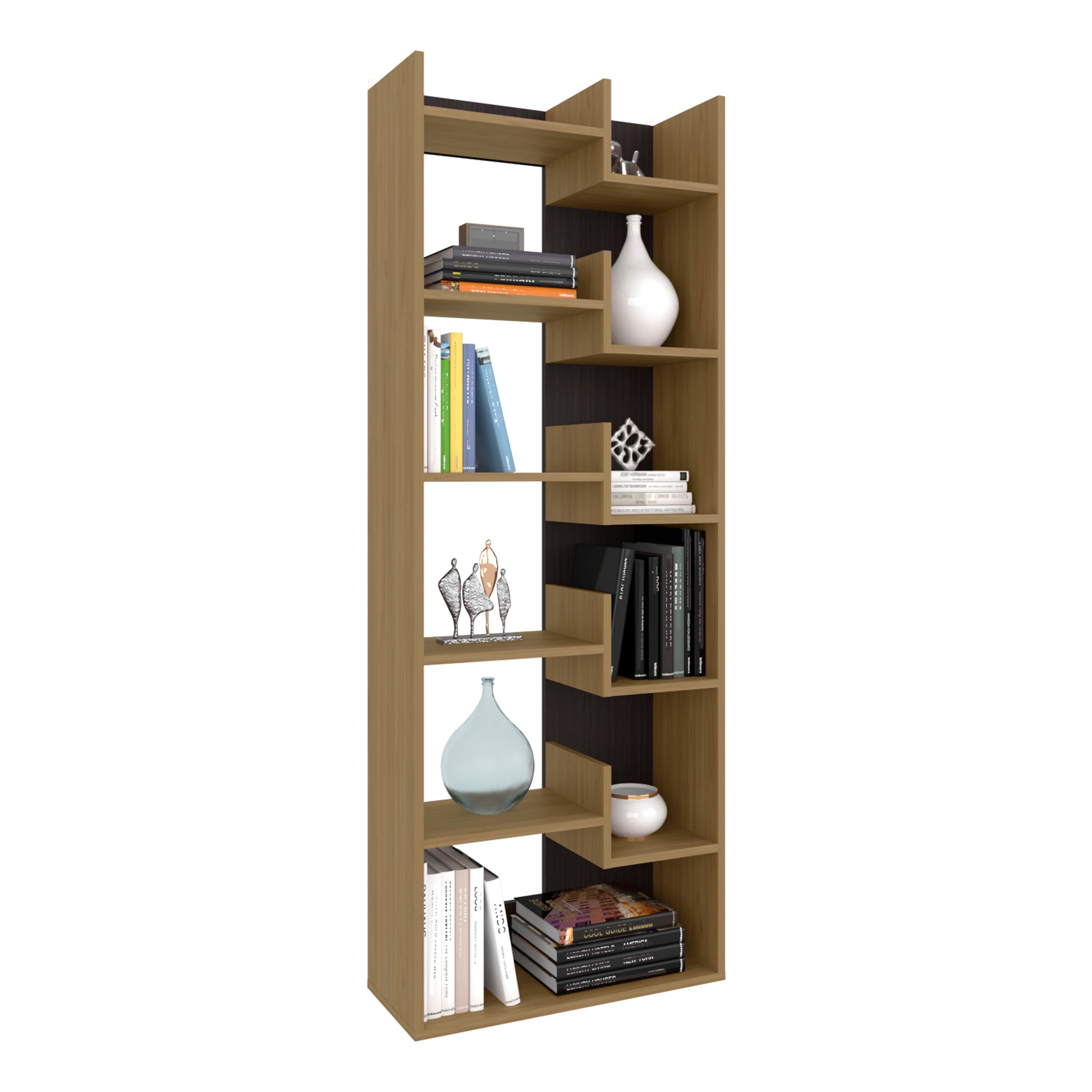 Hoodsport Bookcase, 11 Shelves, Natural Oak / Black Wengue - Luciddepo