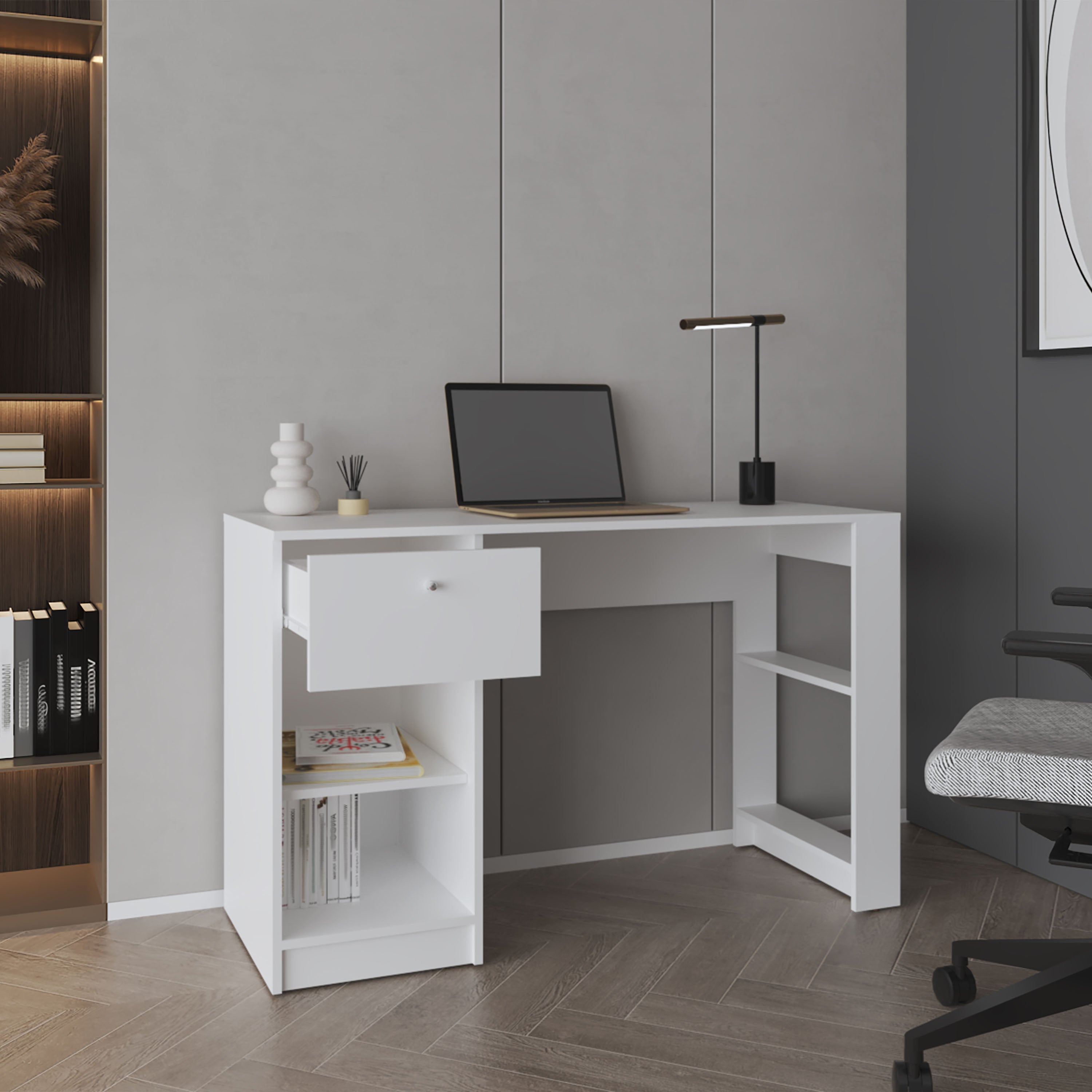Tolsona Desk, 1 Drawer, 2 Shelves, White - Luciddepo