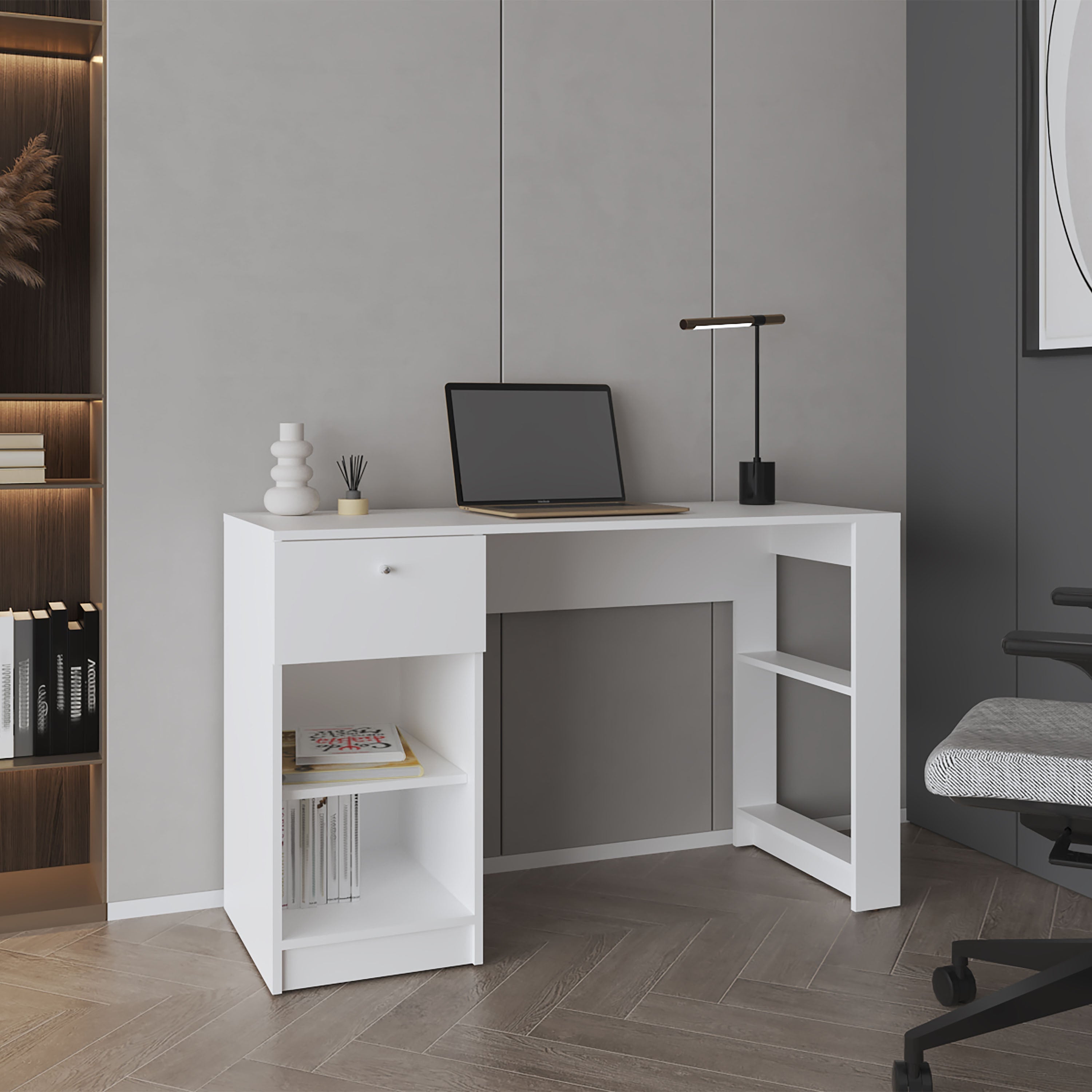 Tolsona Desk, 1 Drawer, 2 Shelves, White - Luciddepo