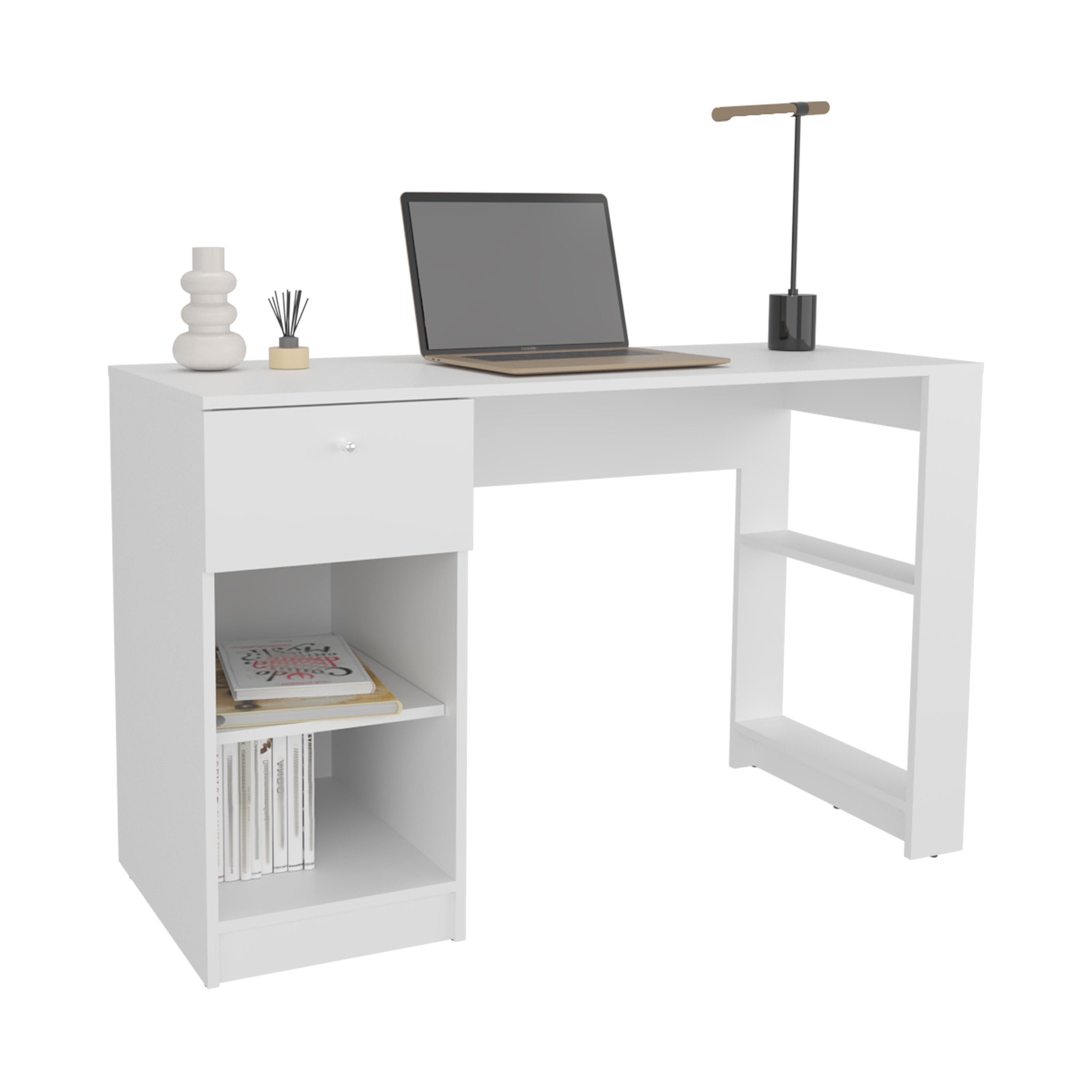 Tolsona Desk, 1 Drawer, 2 Shelves, White - Luciddepo